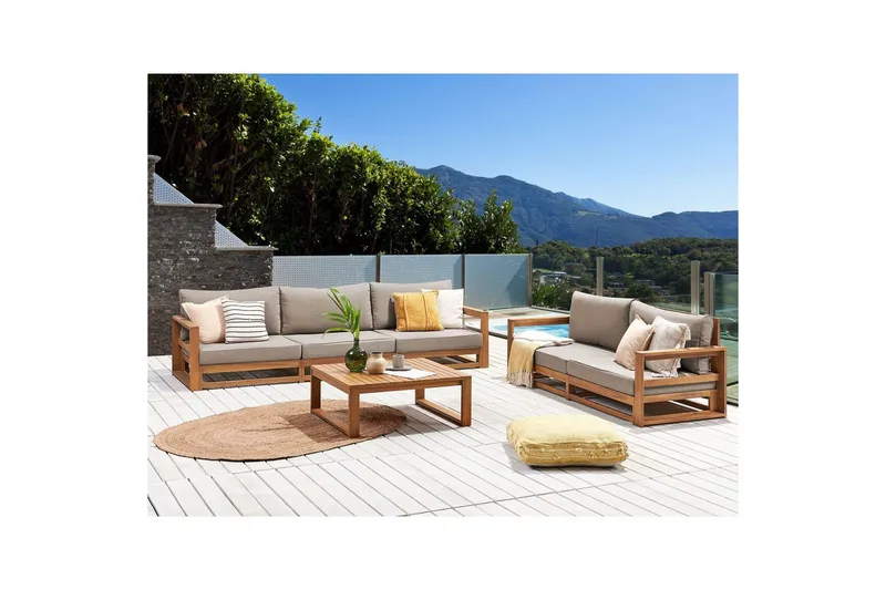Loungegrupp med bord Beliani Timor Ljus trä/grått/beige, Ja Light wood||Grey||Beige - Havemøbler - Loungemøbler - Sofagrupper udendørs