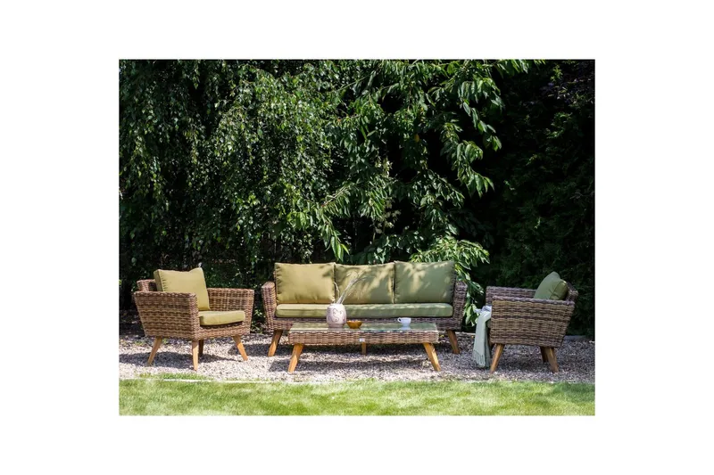 Loungegrupp med bord Beliani Vittoria Beige/grönt/mörkt trä, 5-Sits Beige||Green||Dark wood - Havemøbler - Loungemøbler - Sofagrupper udendørs