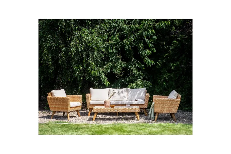 Loungegrupp med bord Beliani Vittoria Beige/grönt/mörkt trä, 5-Sits Beige||White||Light wood - Havemøbler - Loungemøbler - Sofagrupper udendørs