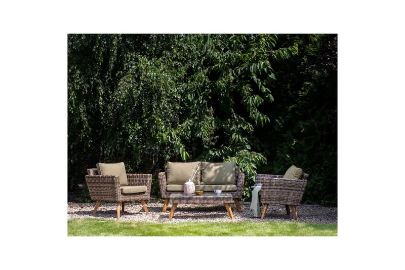 Loungegrupp med bord Beliani Vittoria Naturligt/grönt/ljust trä, 4-Sits Natural||Green||Light wood - Havemøbler - Loungemøbler - Sofagrupper udendørs