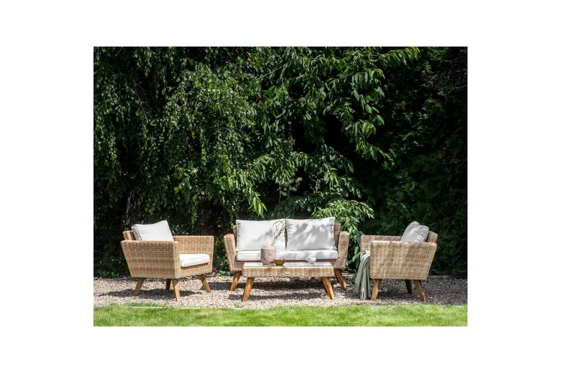 Loungegrupp med bord Beliani Vittoria Naturligt/grönt/ljust trä, 4-Sits Natural||White||Light wood - Havemøbler - Loungemøbler - Sofagrupper udendørs