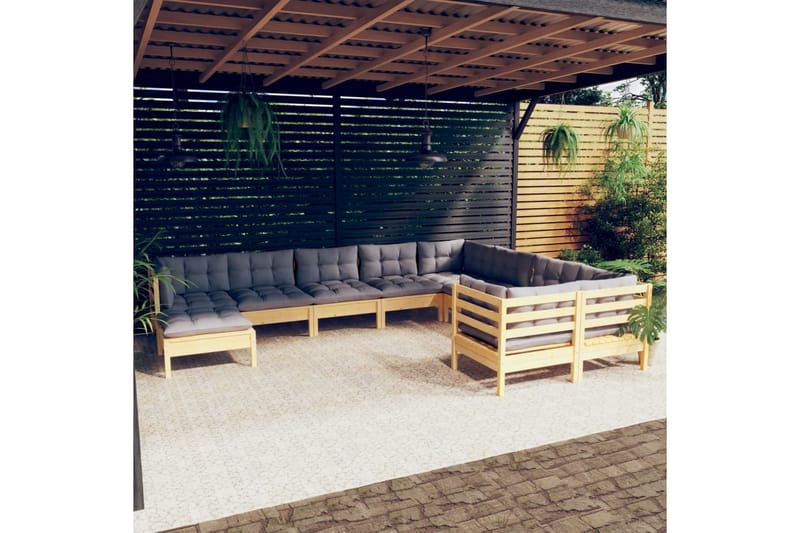 loungesæt til haven 10 dele med grå hynder fyrretræ - Grå - Altanmøbler - Sofagrupper udendørs - Loungesæt