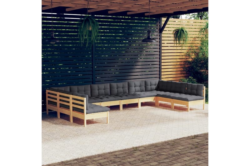 loungesæt til haven 10 dele med grå hynder massivt fyrretræ - Grå - Have - Udendørs miljø - Altan & terrasse - Altanmøbler