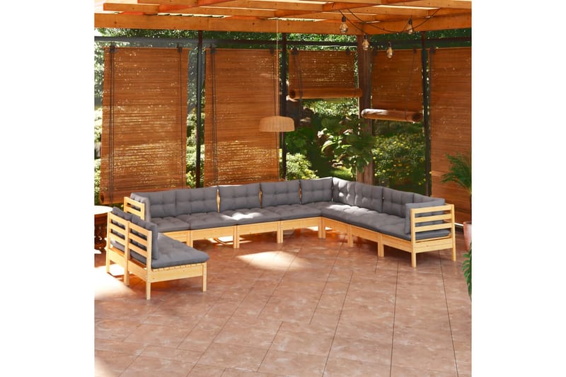 loungesæt til haven 10 dele med grå hynder massivt fyrretræ - Grå - Altanmøbler - Sofagrupper udendørs - Loungesæt