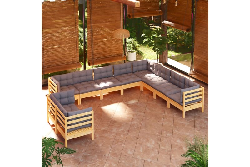 loungesæt til haven 10 dele med grå hynder massivt fyrretræ - Grå - Altanmøbler - Sofagrupper udendørs - Loungesæt
