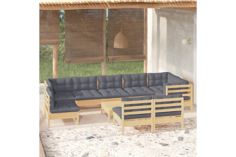 loungesæt til haven 10 dele med grå hynder massivt fyrretræ - Grå - Have - Udendørs miljø - Altan & terrasse - Altanmøbler