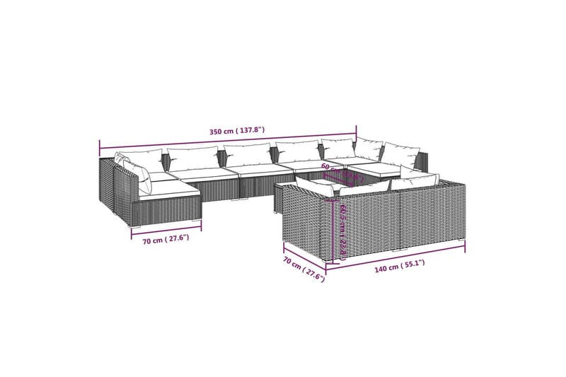 loungesæt til haven 10 dele med hynder polyrattan grå - Grå - Altanmøbler - Sofagrupper udendørs - Loungesæt