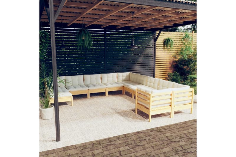 loungesæt til haven 11 dele med cremefarvede hynder fyrretræ - Creme - Altanmøbler - Sofagrupper udendørs - Loungesæt