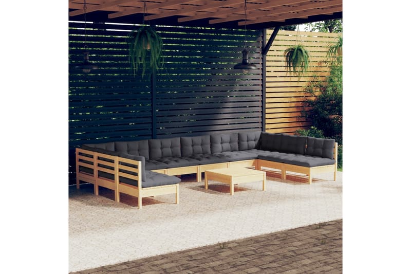 loungesæt til haven 11 dele med grå hynder massivt fyrretræ - Grå - Altanmøbler - Sofagrupper udendørs - Loungesæt