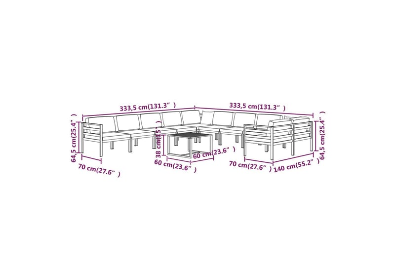 loungesæt til haven 11 dele med hynder aluminium antracitgrå - Antracit - Altanmøbler - Sofagrupper udendørs - Loungesæt