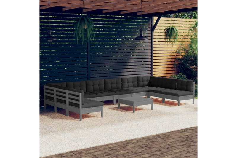 loungesæt til haven 11 dele med hynder massivt fyrretræ grå - Grå - Altanmøbler - Sofagrupper udendørs - Loungesæt