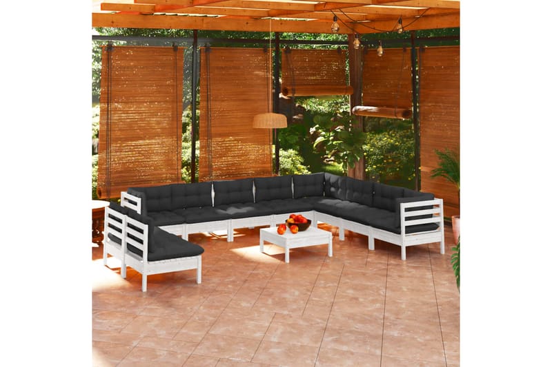 loungesæt til haven 11 dele med hynder massivt fyrretræ hvid - Hvid - Altanmøbler - Sofagrupper udendørs - Loungesæt