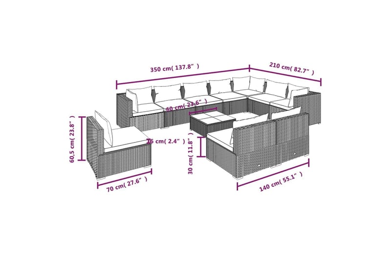 loungesæt til haven 11 dele med hynder polyrattan sort - Sort - Altanmøbler - Sofagrupper udendørs - Loungesæt