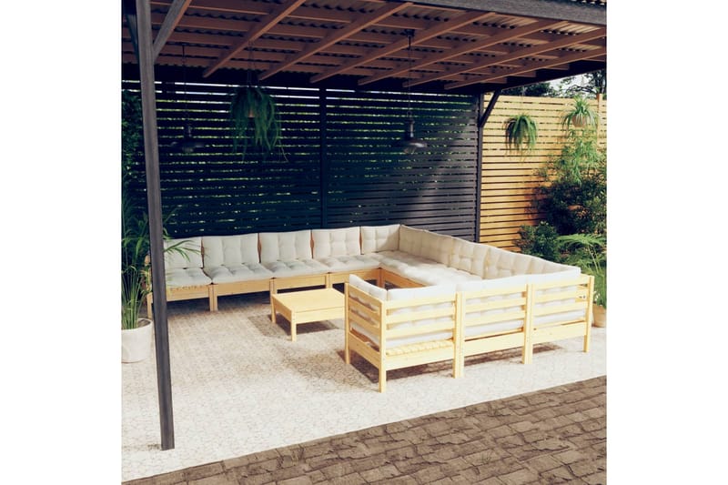 loungesæt til haven 12 dele cremefarvede hynder fyrretræ - Creme - Altanmøbler - Sofagrupper udendørs - Loungesæt