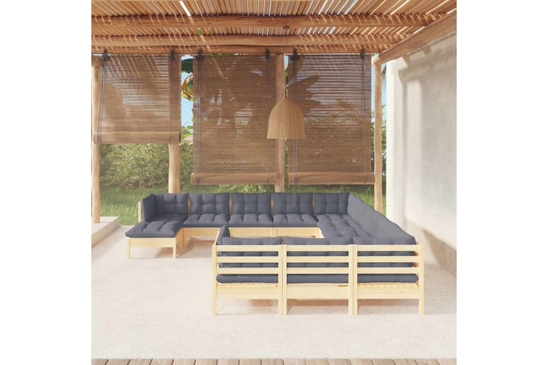 loungesæt til haven 12 dele med grå hynder fyrretræ - Grå - Have - Udendørs miljø - Altan & terrasse - Altanmøbler