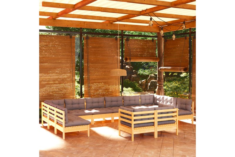 loungesæt til haven 12 dele med grå hynder massivt fyrretræ - Grå - Altanmøbler - Sofagrupper udendørs - Loungesæt