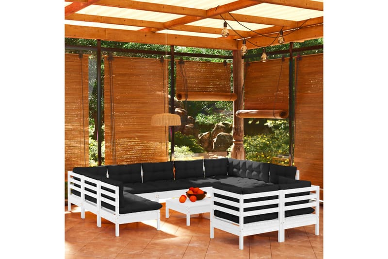 loungesæt til haven 12 dele med hynder massivt fyrretræ hvid - Hvid - Altanmøbler - Sofagrupper udendørs - Loungesæt