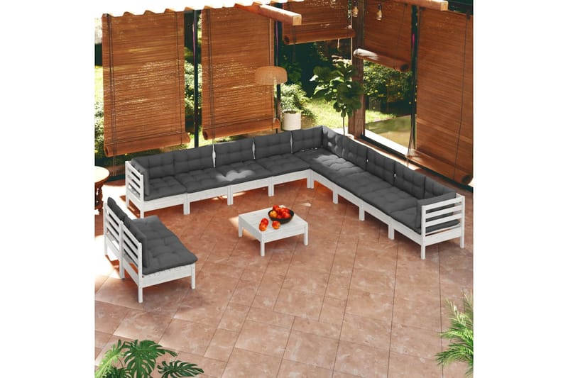 loungesæt til haven 12 dele med hynder massivt fyrretræ hvid - Hvid - Altanmøbler - Sofagrupper udendørs - Loungesæt