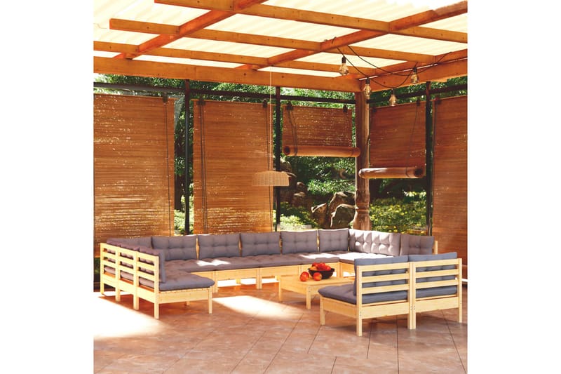 loungesæt til haven 13 dele med grå hynder massivt fyrretræ - Grå - Altanmøbler - Sofagrupper udendørs - Loungesæt