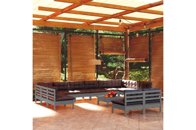 loungesæt til haven 13 dele med hynder massivt fyrretræ grå - Grå - Altanmøbler - Sofagrupper udendørs - Loungesæt