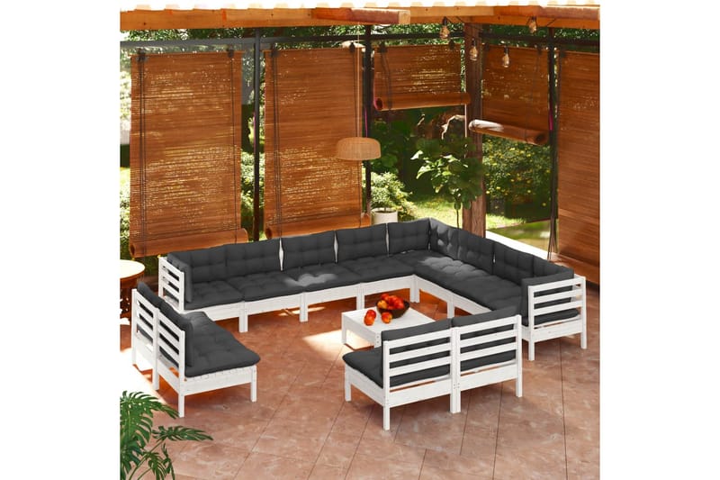 loungesæt til haven 13 dele med hynder massivt fyrretræ hvid - Hvid - Altanmøbler - Sofagrupper udendørs - Loungesæt