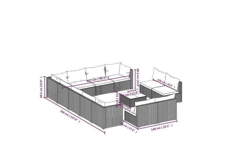loungesæt til haven 13 dele med hynder polyrattan grå - Grå - Altanmøbler - Sofagrupper udendørs - Loungesæt