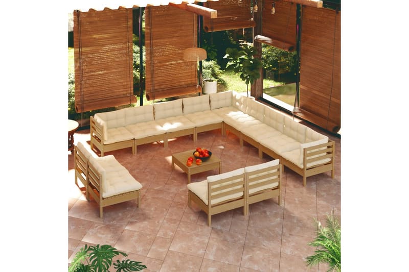 loungesæt til haven 14 dele med hynder fyrretræ gyldenbrun - Brun - Altanmøbler - Sofagrupper udendørs - Loungesæt