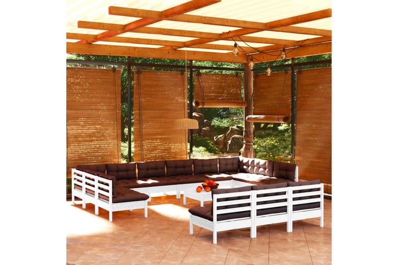 loungesæt til haven 14 dele med hynder massivt fyrretræ hvid - Hvid - Altanmøbler - Sofagrupper udendørs - Loungesæt
