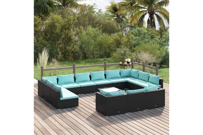 loungesæt til haven 14 dele med hynder polyrattan sort - Sort - Altanmøbler - Sofagrupper udendørs - Loungesæt