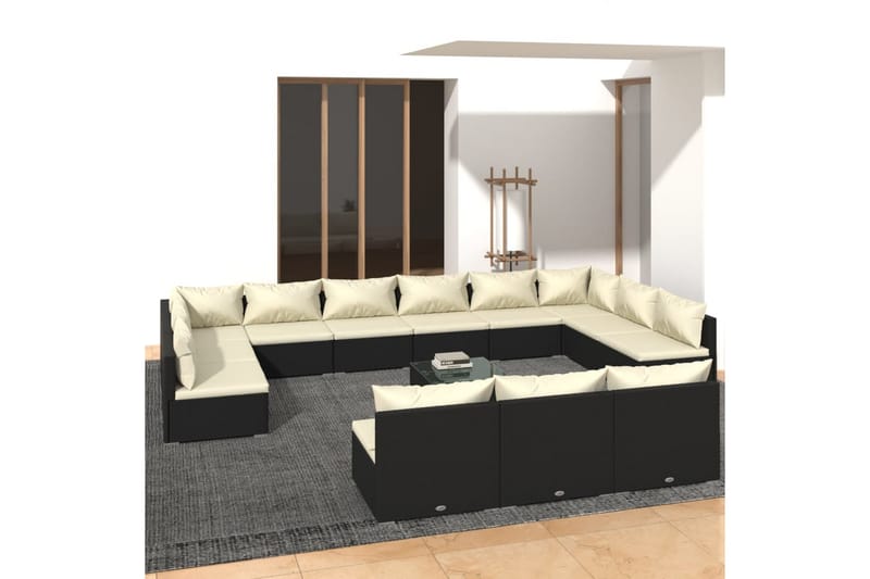loungesæt til haven 14 dele med hynder polyrattan sort - Sort - Altanmøbler - Sofagrupper udendørs - Loungesæt