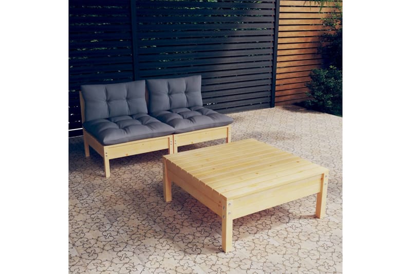 loungesæt til haven 3 dele med grå hynder fyrretræ - Grå - Altanmøbler - Sofagrupper udendørs - Loungesæt