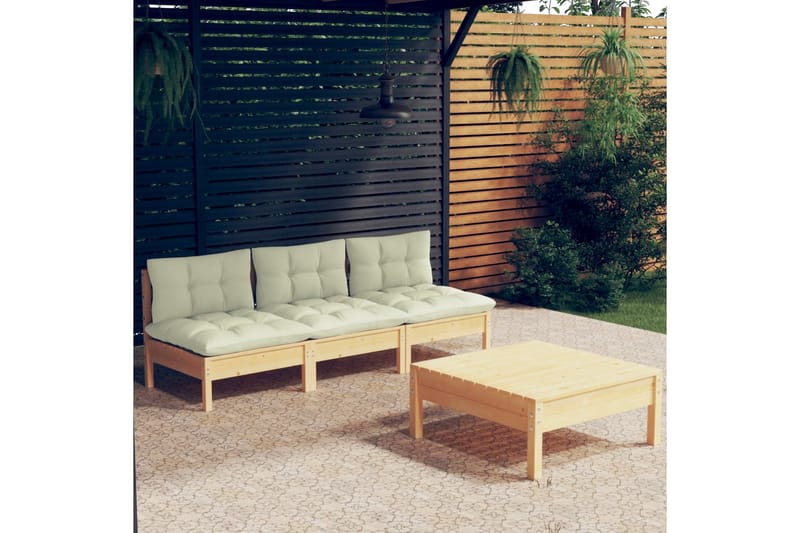 loungesæt til haven 4 dele med cremefarvede hynder fyrretræ - Creme - Have - Udendørs miljø - Altan & terrasse - Altanmøbler