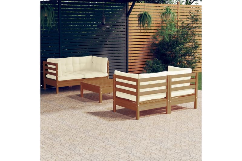 loungesæt til haven 5 dele med cremefarvede hynder fyrretræ - Brun - Altanmøbler - Sofagrupper udendørs - Loungesæt