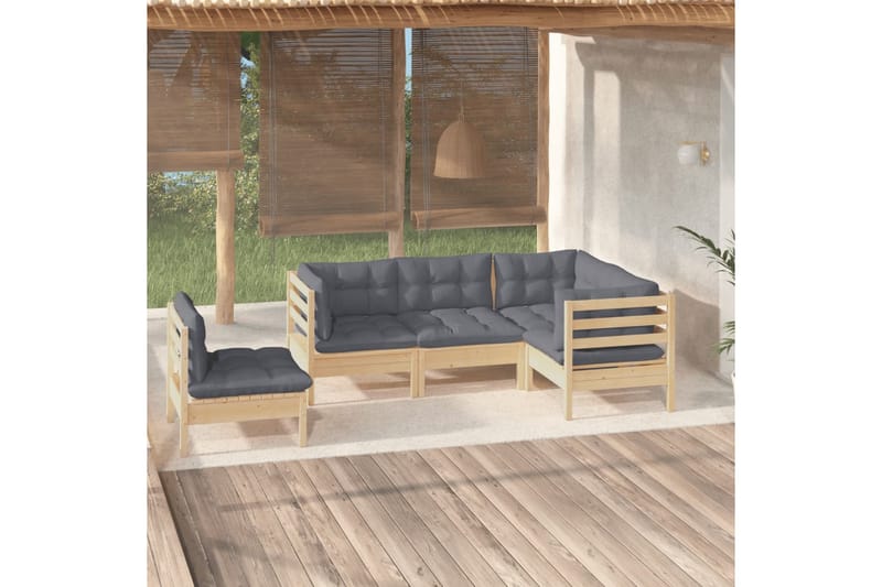 loungesæt til haven 5 dele med grå hynder fyrretræ - Grå - Have - Udendørs miljø - Altan & terrasse - Altanmøbler