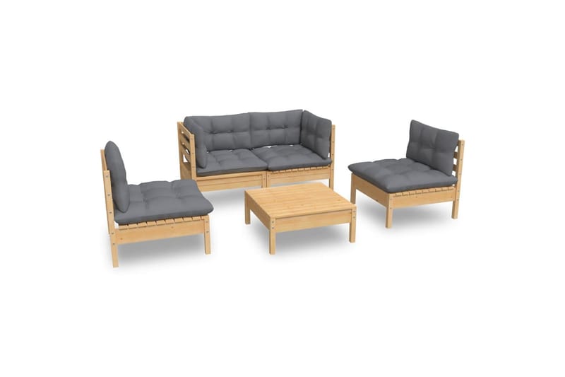 loungesæt til haven 5 dele med grå hynder massivt fyrretræ - Grå - Altanmøbler - Sofagrupper udendørs - Loungesæt