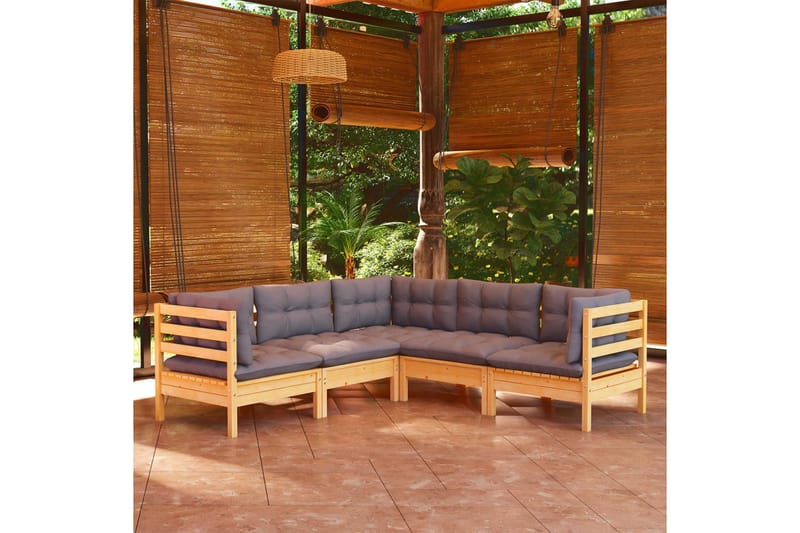loungesæt til haven 5 dele med grå hynder massivt fyrretræ - Grå - Altanmøbler - Sofagrupper udendørs - Loungesæt