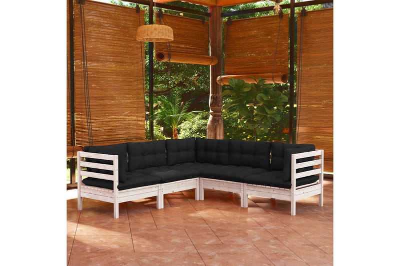 loungesæt til haven 5 dele med hynder massivt fyrretræ hvid - Hvid - Altanmøbler - Sofagrupper udendørs - Loungesæt
