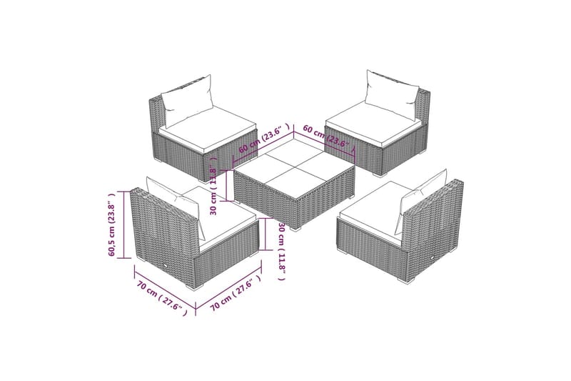 loungesæt til haven 5 dele med hynder polyrattan grå - Grå - Altanmøbler - Sofagrupper udendørs - Loungesæt