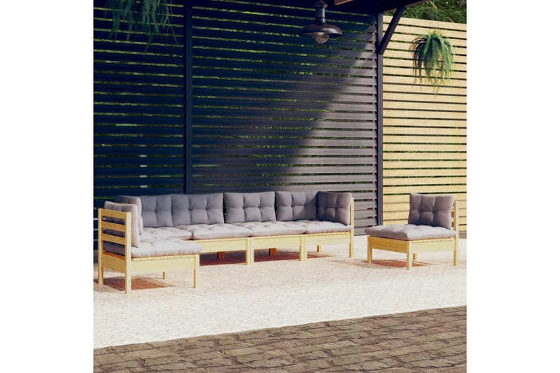 loungesæt til haven 6 dele med grå hynder massivt fyrretræ - Grå - Altanmøbler - Sofagrupper udendørs - Loungesæt