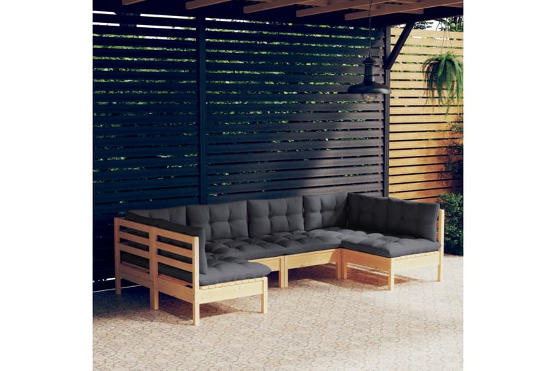 loungesæt til haven 6 dele med grå hynder massivt fyrretræ - Grå - Have - Udendørs miljø - Altan & terrasse - Altanmøbler