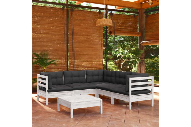 loungesæt til haven 6 dele med hynder massivt fyrretræ hvid - Hvid - Altanmøbler - Sofagrupper udendørs - Loungesæt