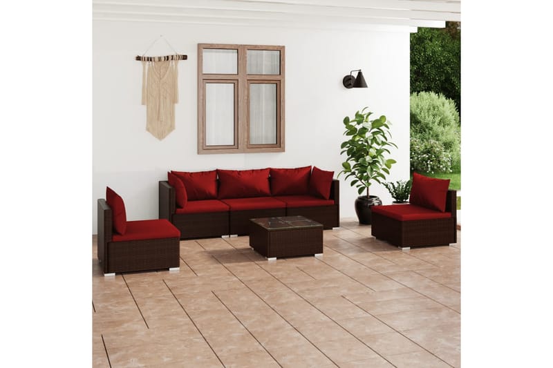 loungesæt til haven 6 dele med hynder polyrattan brun - Brun - Altanmøbler - Sofagrupper udendørs - Loungesæt