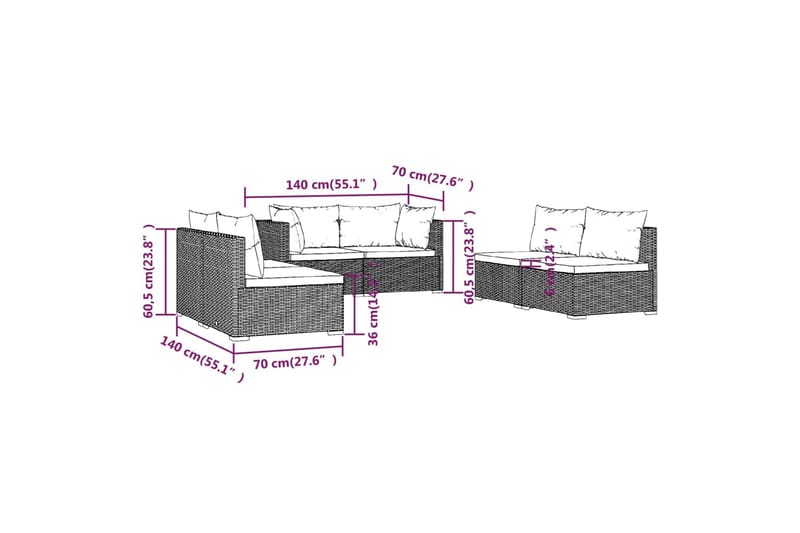 loungesæt til haven 6 dele med hynder polyrattan grå - Grå - Altanmøbler - Sofagrupper udendørs - Loungesæt