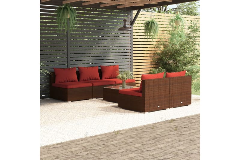 loungesæt til haven 6 dele med hynder polyrattan brun - Brun - Altanmøbler - Sofagrupper udendørs - Loungesæt