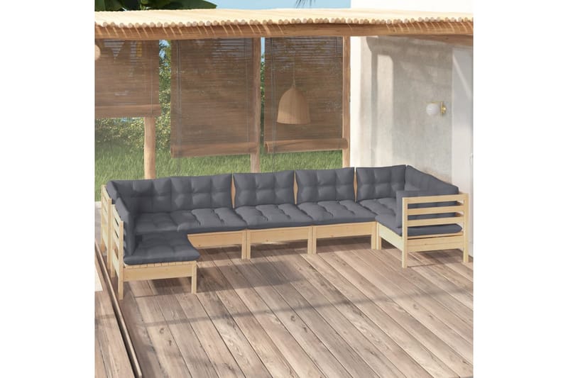 loungesæt til haven 7 dele med gr�å hynder fyrretræ - Grå - Altanmøbler - Sofagrupper udendørs - Loungesæt