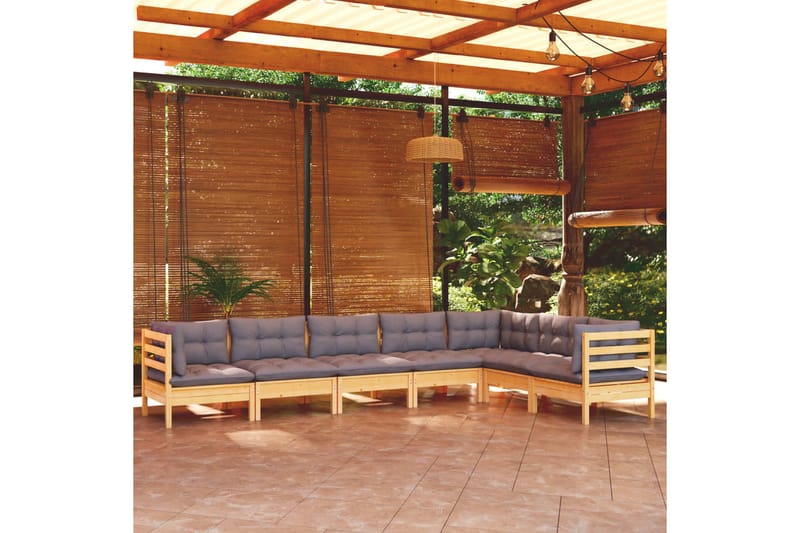 loungesæt til haven 7 dele med grå hynder massivt fyrretræ - Grå - Altanmøbler - Sofagrupper udendørs - Loungesæt