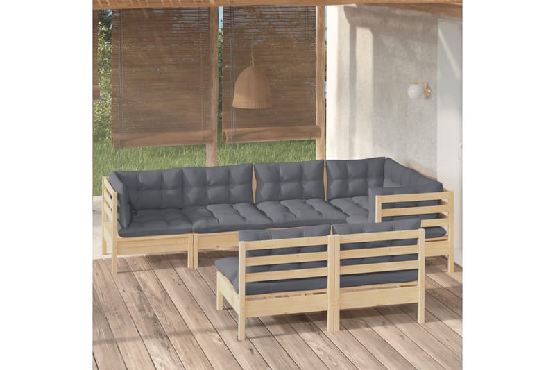 loungesæt til haven 7 dele med grå hynder massivt fyrretræ - Grå - Altanmøbler - Sofagrupper udendørs - Loungesæt