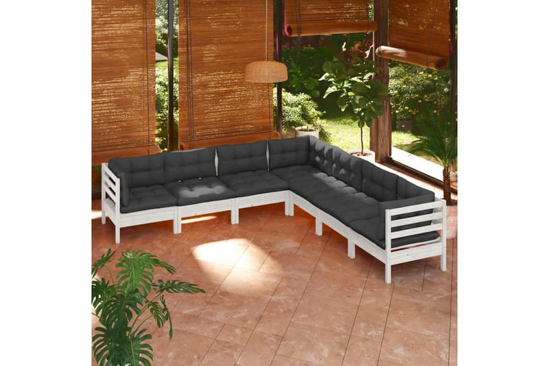 loungesæt til haven 7 dele med hynder massivt fyrretræ hvid - Hvid - Altanmøbler - Sofagrupper udendørs - Loungesæt