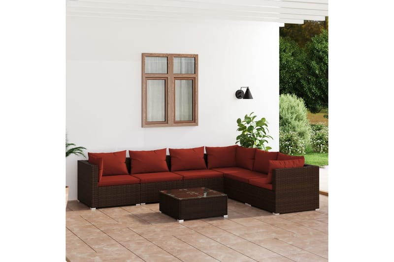 loungesæt til haven 7 dele med hynder polyrattan brun - Brun - Altanmøbler - Sofagrupper udendørs - Loungesæt