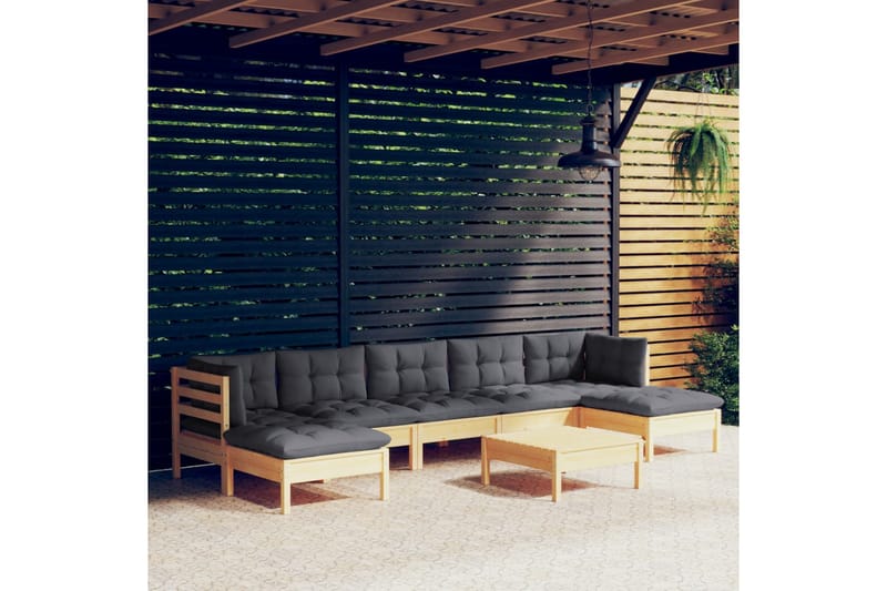loungesæt til haven 8 dele med grå hynder fyrretræ - Grå - Altanmøbler - Sofagrupper udendørs - Loungesæt